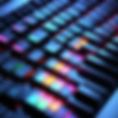 A close-up of a MIDI keyboard with colorful LED lights indicating active functions