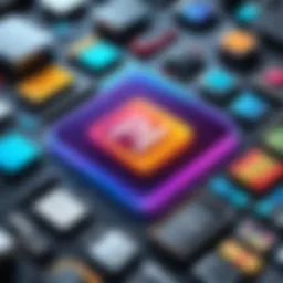 A vibrant graphic showcasing Adobe Photoshop tools and features in action.