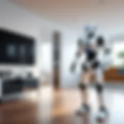 A futuristic robot navigating through a smart home environment