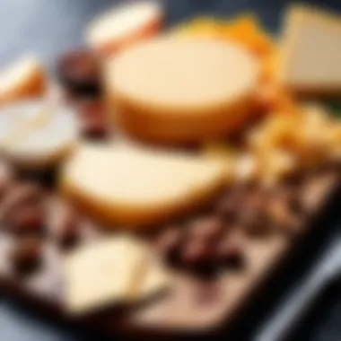 A colorful cheese board featuring aged gouda and nuts.