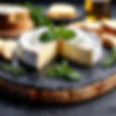 Creamy Brie cheese served on a slate platter with herbs.