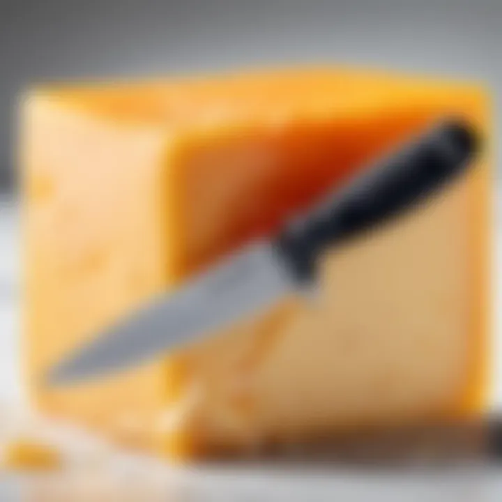 Close-up of a block of sharp cheddar cheese with a cheese knife.