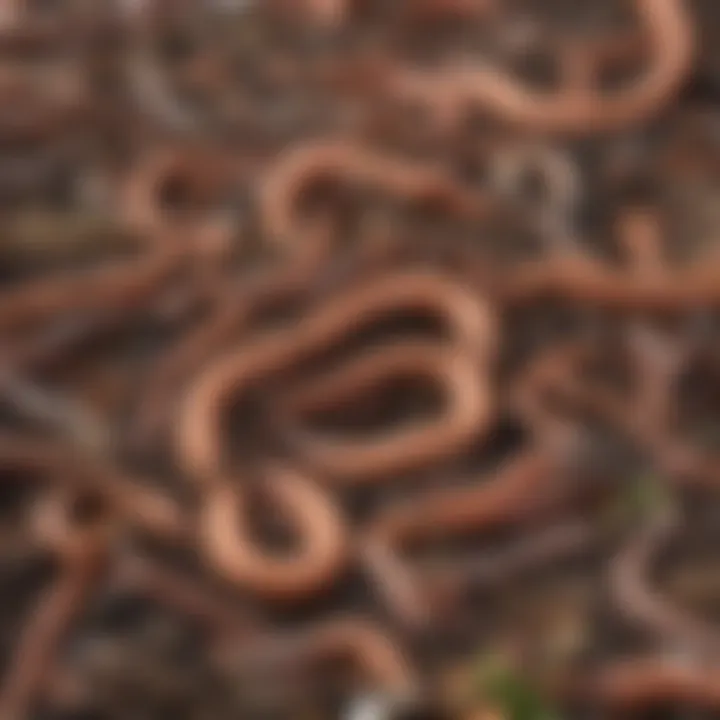 Detailed depiction of earthworms breaking down organic waste in vermicomposting