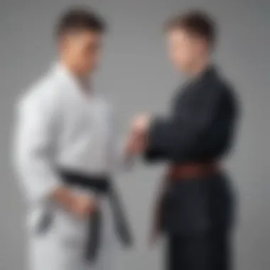 Karate instructor tying black belt on student