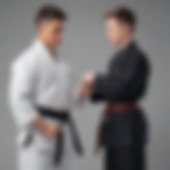 Karate instructor tying black belt on student