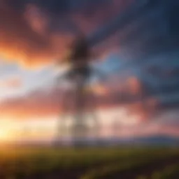 A futuristic design of a lattice transmission tower against a dramatic sky