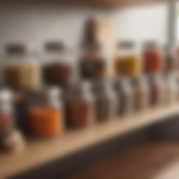 A diverse selection of spices in elegant glass jars on a kitchen shelf