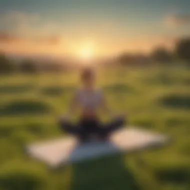 A tranquil yoga session on a peaceful green meadow at sunrise