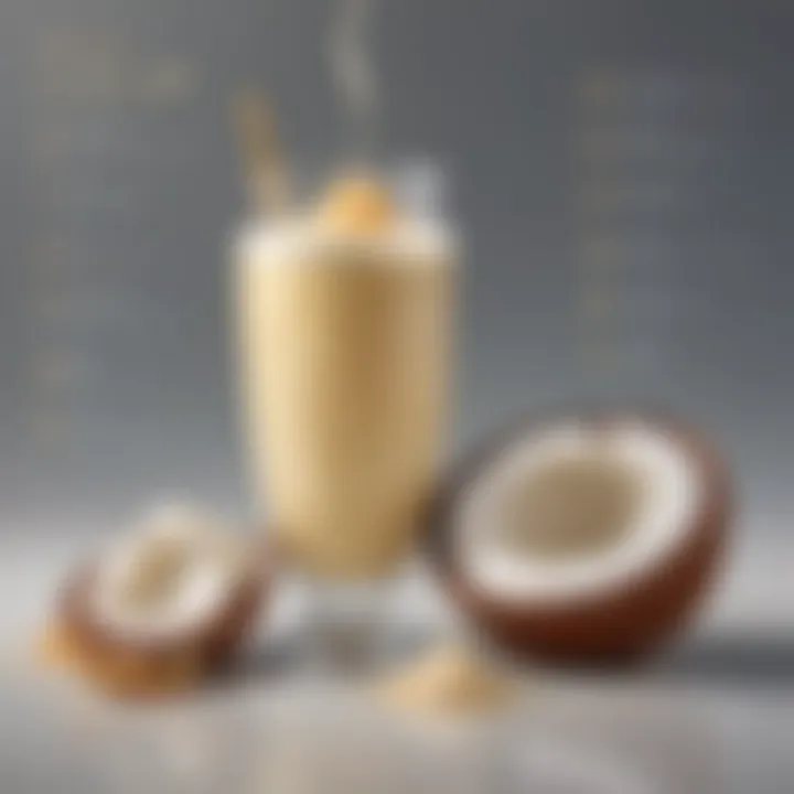 An elegant glass filled with a golden-hued coconut milk beverage