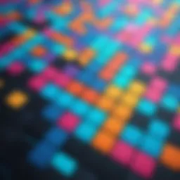 An abstract representation of a game grid with colorful tiles