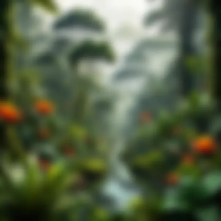 A lush rainforest teeming with flora and fauna