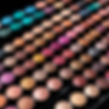 A vivid display of eyeshadow palettes in various colors.