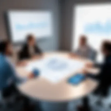 Illustration showcasing a collaborative meeting using ClickUp among construction professionals.