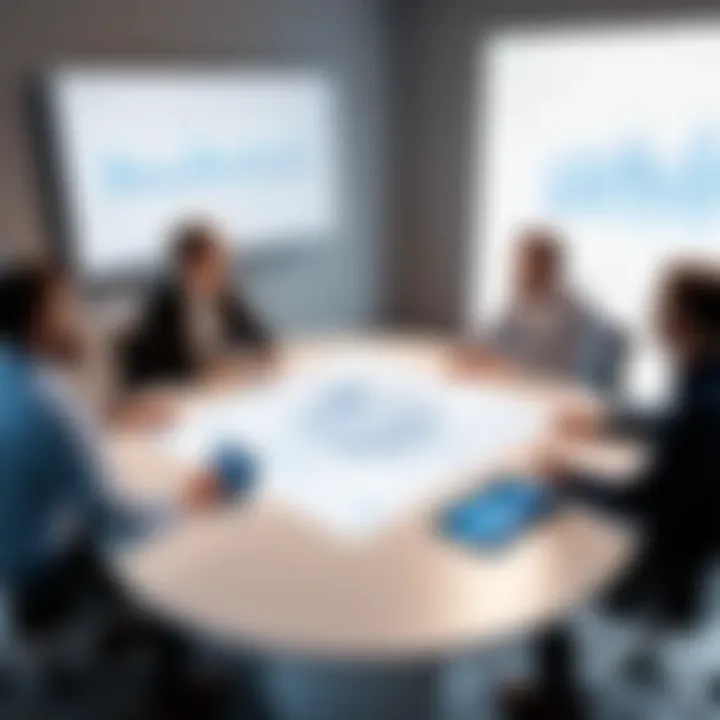 Illustration showcasing a collaborative meeting using ClickUp among construction professionals.