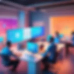 A vibrant team brainstorming around a digital workspace, showcasing collaboration.