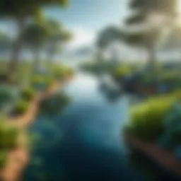 A serene landscape showcasing a healthy, sustainable ecosystem with flourishing plants and a clear body of water.