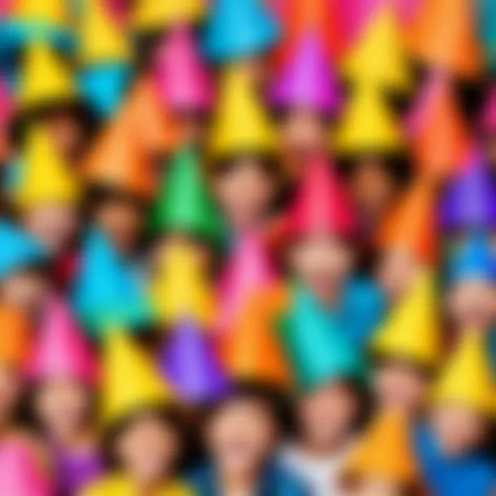 A group of children joyfully wearing vibrant handmade paper hats.