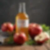 Organic apple cider vinegar bottle with fresh apples and herbs