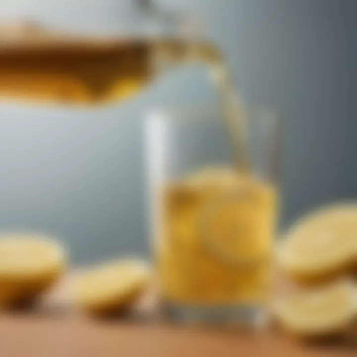 Close-up of vinegar being poured into a glass with lemon and ginger slices